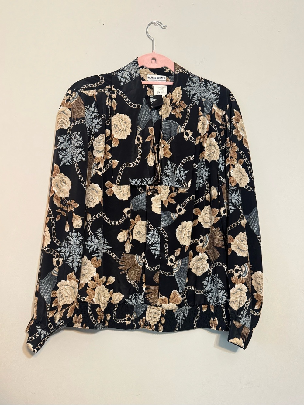 Alfred Dunner VTG Black Floral Chain-Print Tie-Neck Blouse Sz XXL